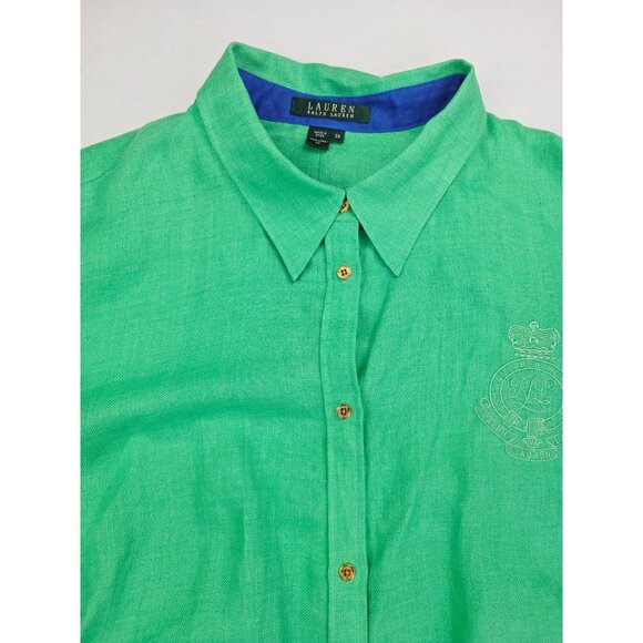 Lauren Ralph Lauren Size 3X Womens Green Linen Embroidered Chest Logo 3/4 Sleeve - Picture 5 of 11